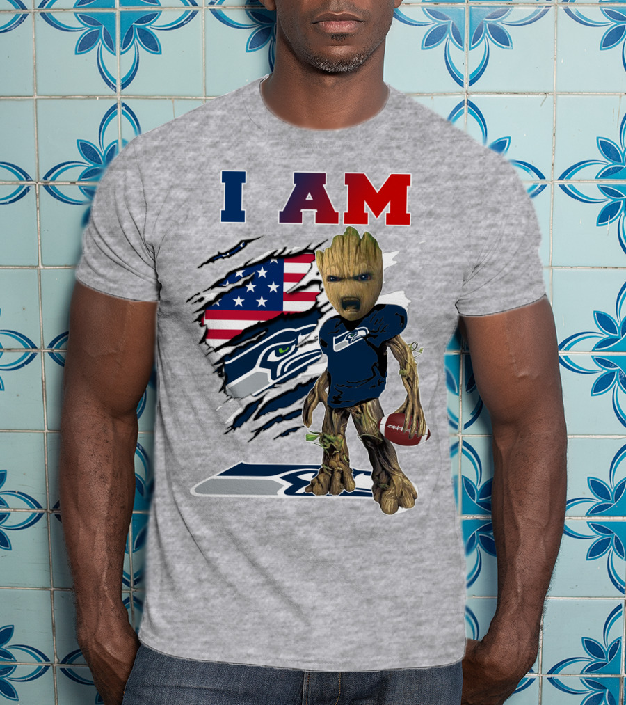 I AM Seahawks Baby Groot Football American Flag T-Shirt