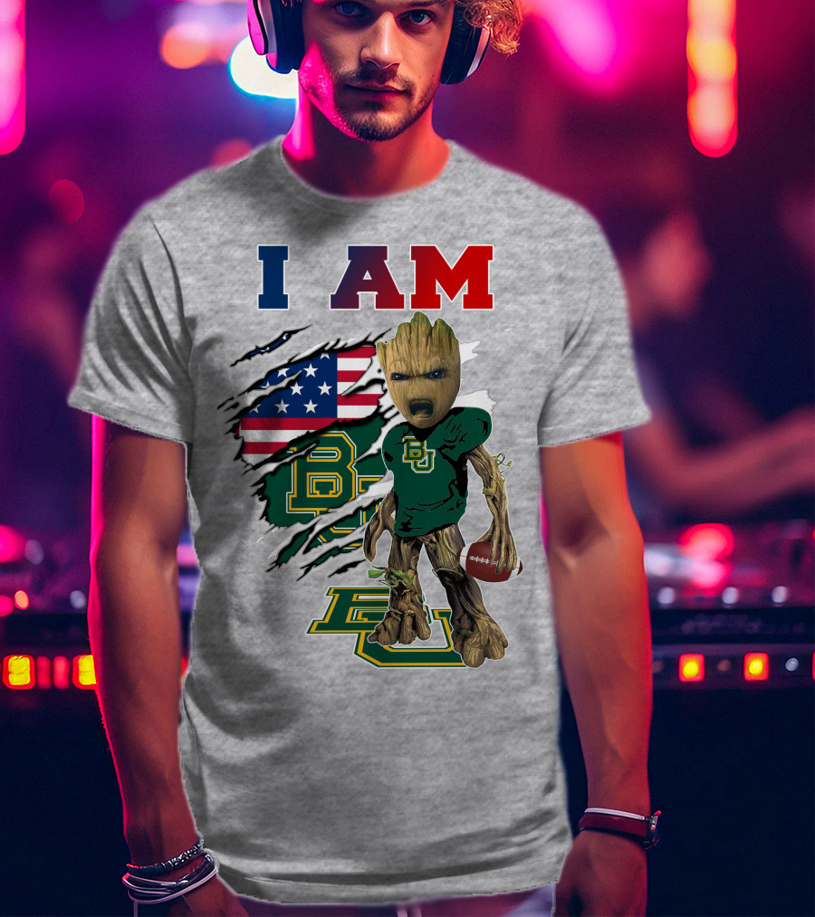 I AM Baylor Bears Groot Football American Flag T-Shirt