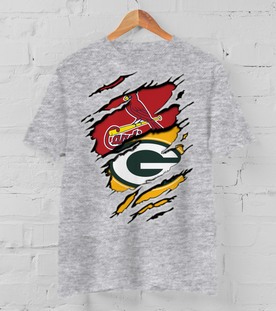 Cardinals Packers Logos Rip Torn Effect T-Shirt