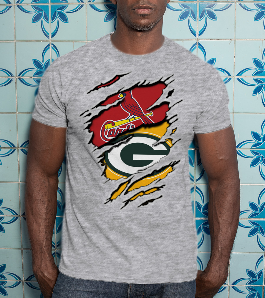 Cardinals Packers Logos Rip Torn Effect T-Shirt