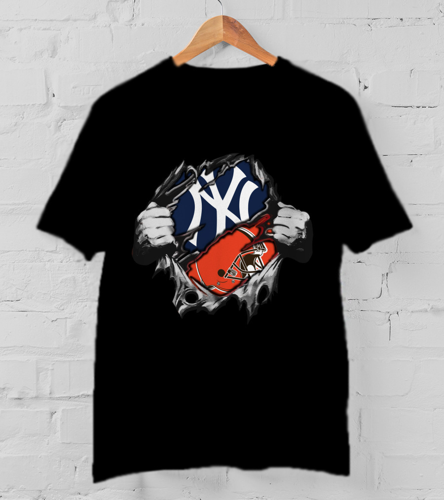 Yankees Browns Fusion Baseball And Football Fan Crossover T-Shirt