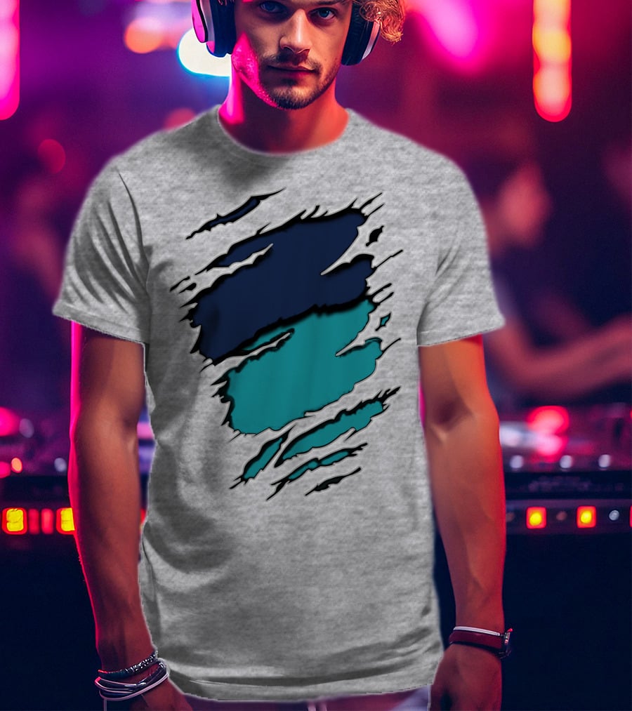 Yan-Dolphins19 Navy Teal Torn T-Shirt