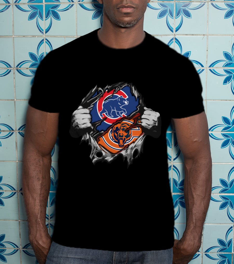 Chicago Cubs And Chicago Bears Dual Team Logo Burst T-Shirt