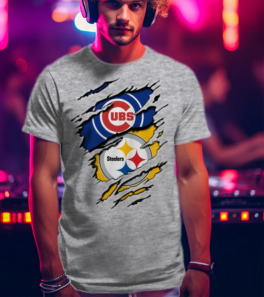 Steelers Cubs Logos With Torn Fabric T-Shirt