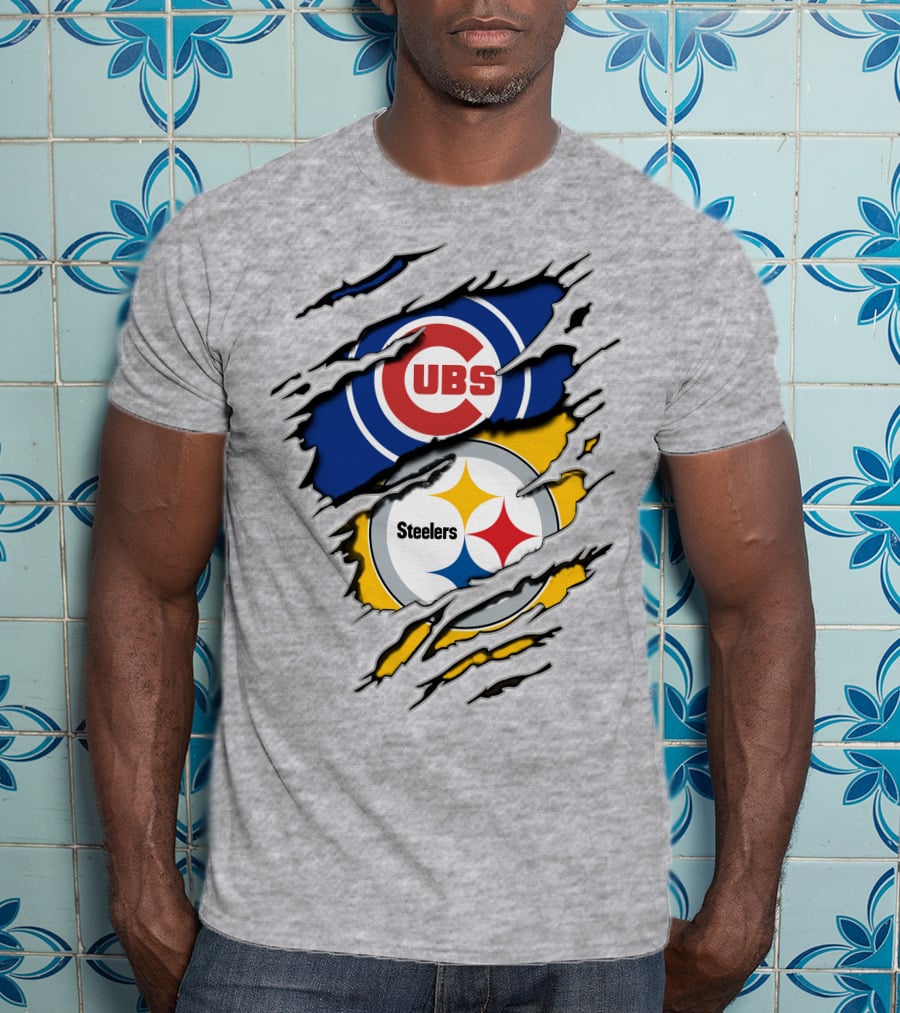 Steelers Cubs Logos With Torn Fabric T-Shirt