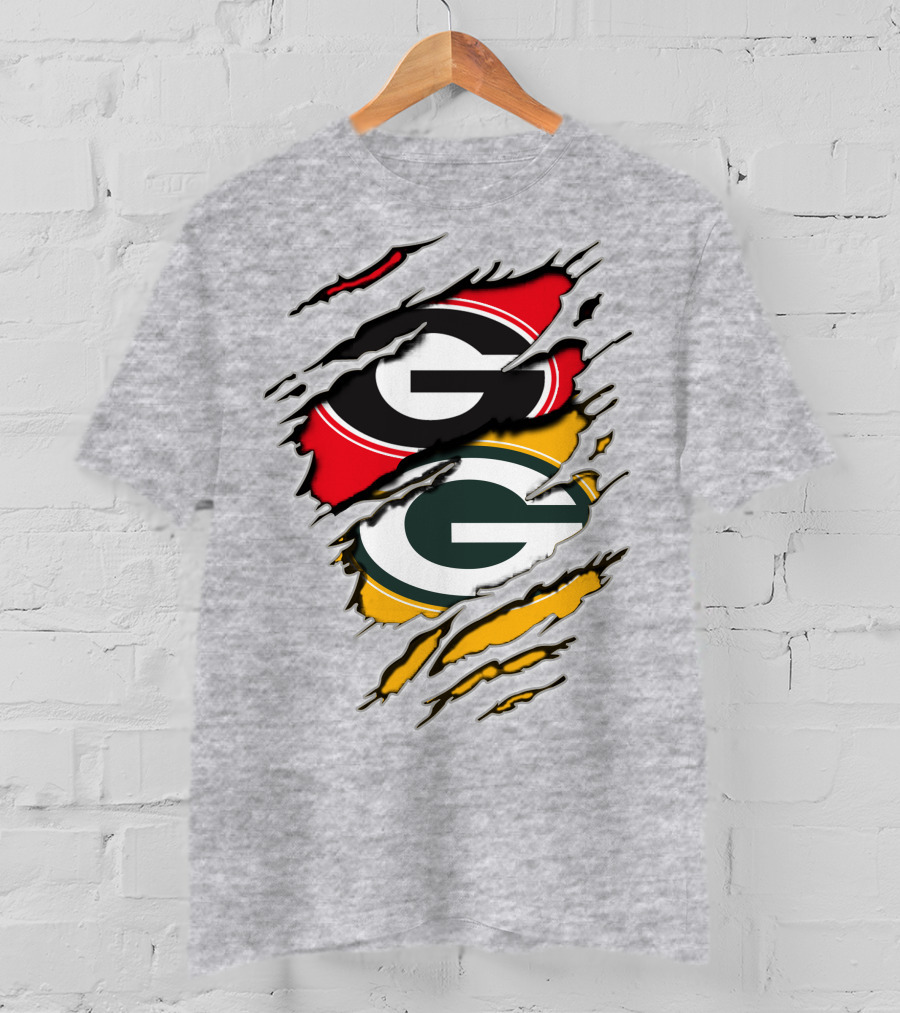 Green Bay Packers Georgia Bulldogs Dual Logo Rip Claw Marks T-Shirt