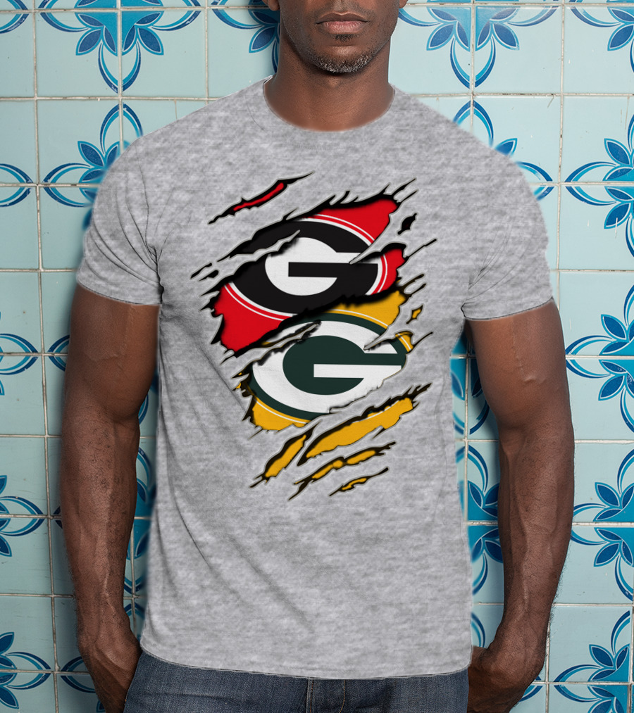 Green Bay Packers Georgia Bulldogs Dual Logo Rip Claw Marks T-Shirt