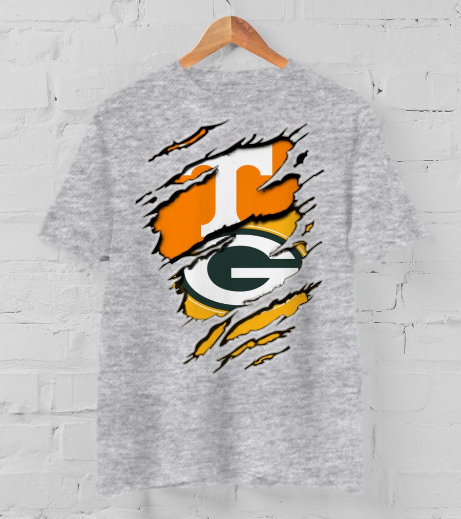 Tennessee Vols And Green Bay Packers Torn Logo Fusion T-Shirt