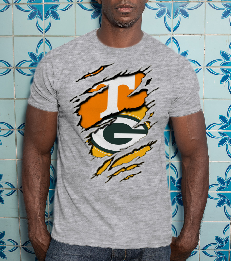 Tennessee Vols And Green Bay Packers Torn Logo Fusion T-Shirt