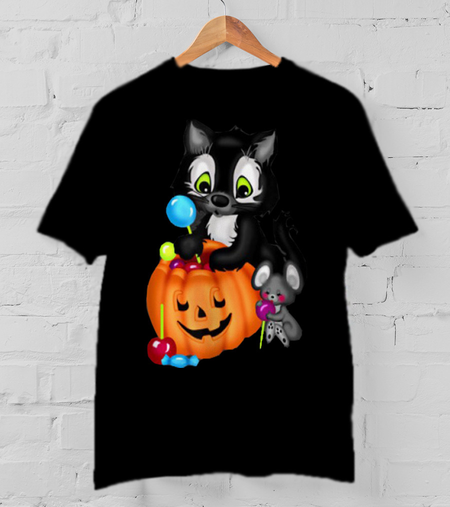 Halowen Cute Cat And Mouse With Candy And Pumpkin T-Shirt