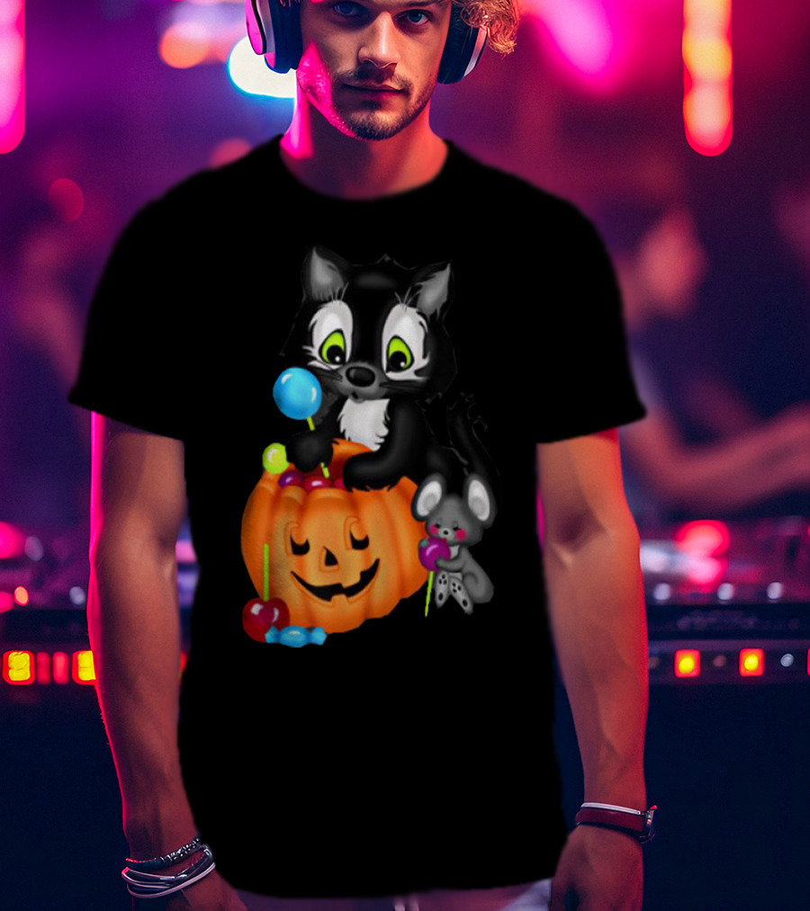Halowen Cute Cat And Mouse With Candy And Pumpkin T-Shirt