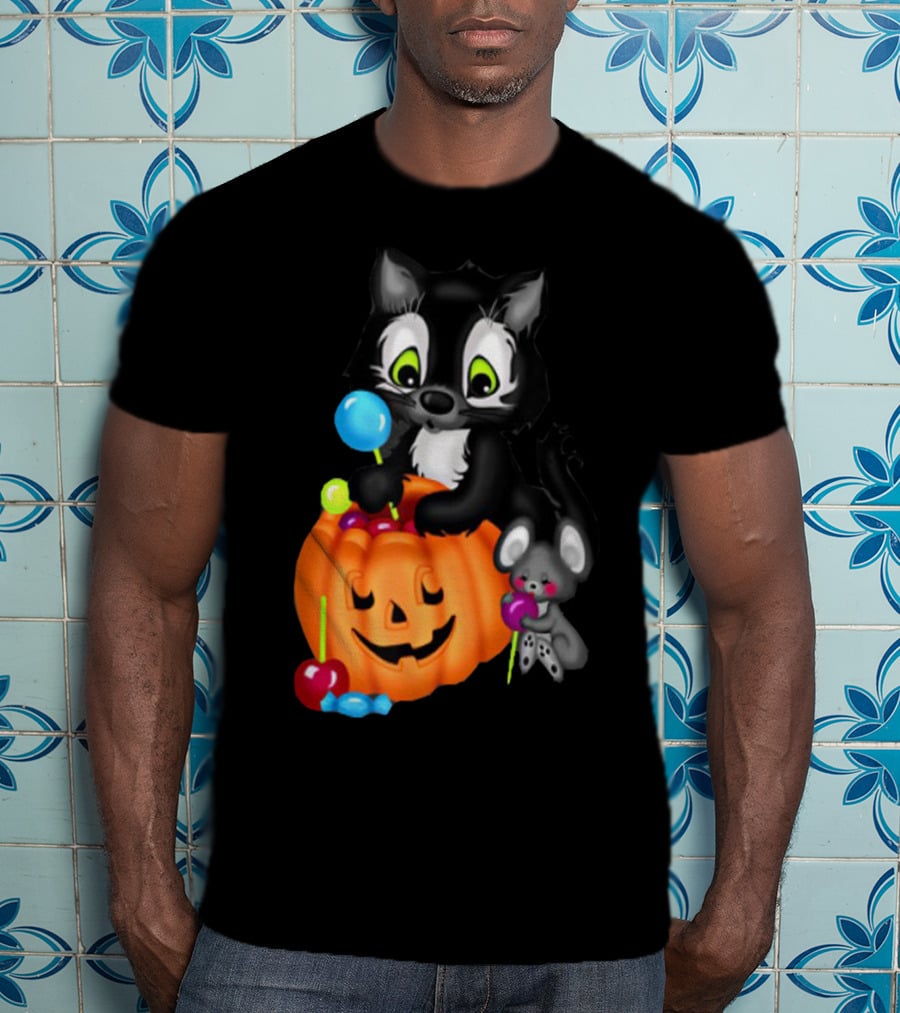 Halowen Cute Cat And Mouse With Candy And Pumpkin T-Shirt