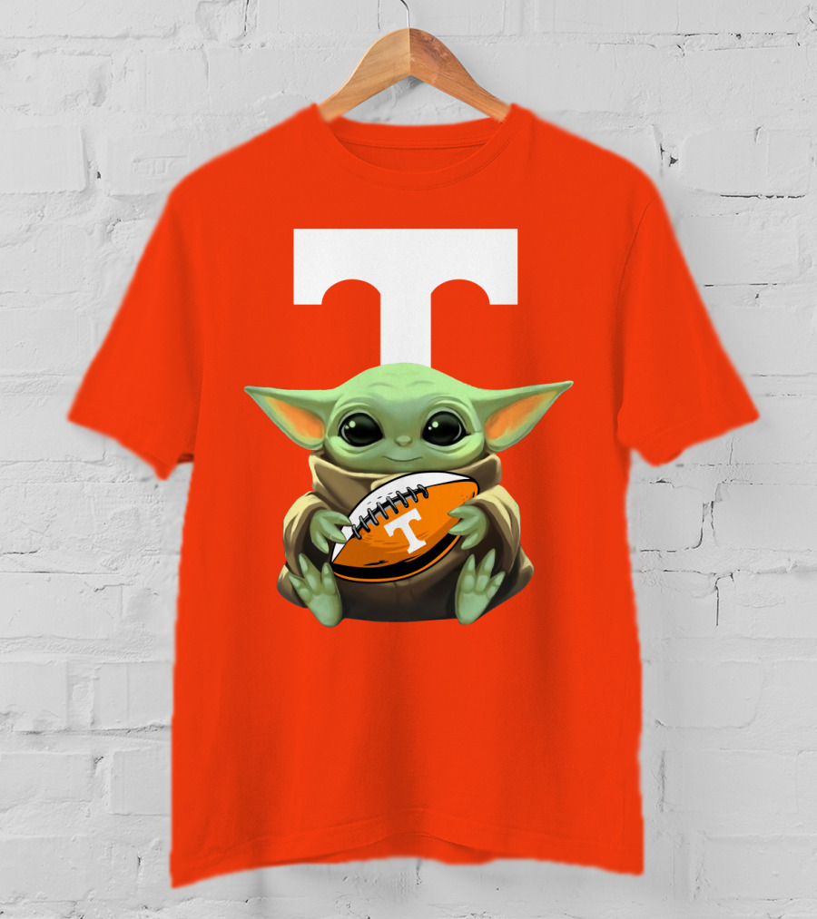 Baby Yoda Holding Tennessee Volunteers Football Ball T-Shirt