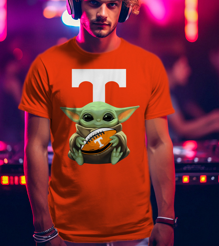 Baby Yoda Holding Tennessee Volunteers Football Ball T-Shirt