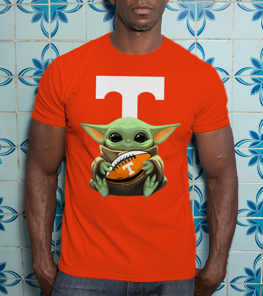 Baby Yoda Holding Tennessee Volunteers Football Ball T-Shirt