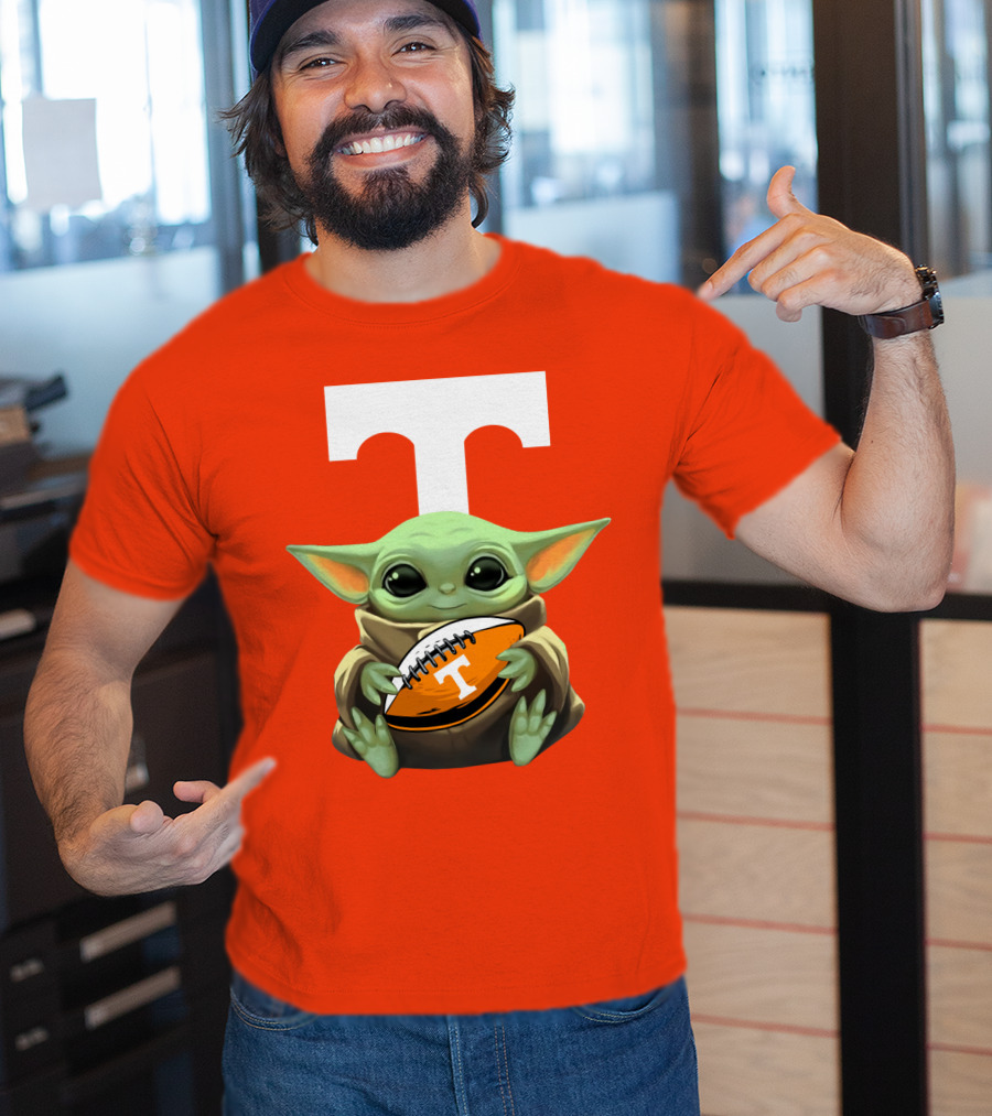 Baby Yoda Holding Tennessee Volunteers Football Ball T-Shirt