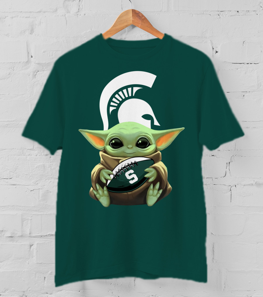 Baby Yoda Holding Football With Michigan State Spartans Helmet T-Shirt