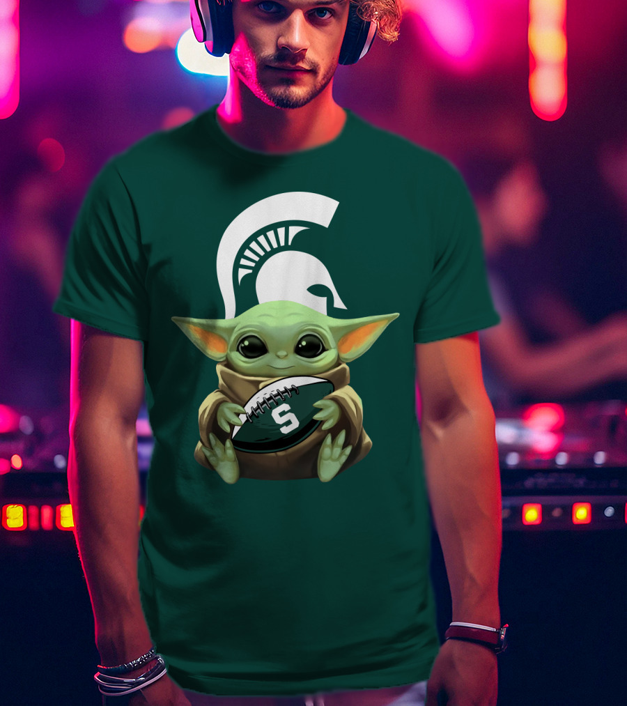 Baby Yoda Holding Football With Michigan State Spartans Helmet T-Shirt