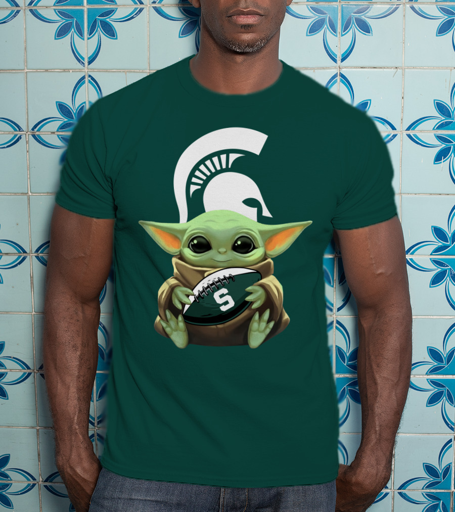 Baby Yoda Holding Football With Michigan State Spartans Helmet T-Shirt