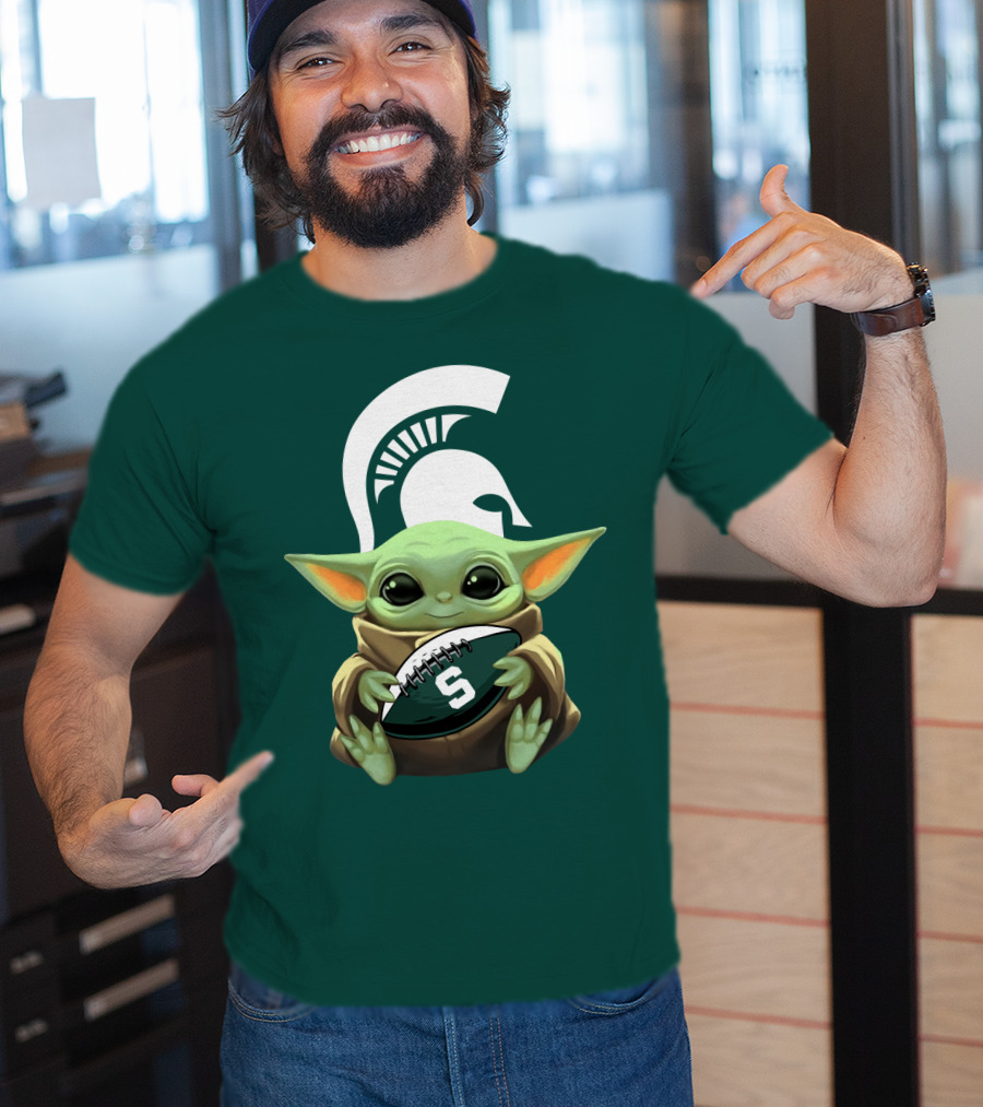 Baby Yoda Holding Football With Michigan State Spartans Helmet T-Shirt