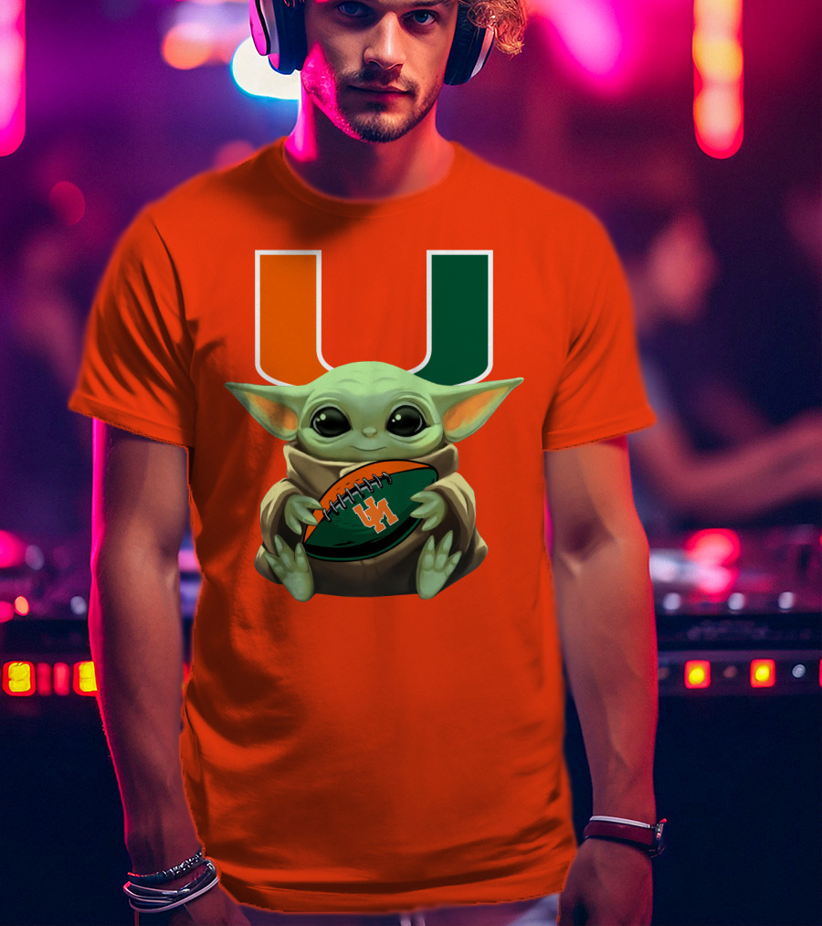Baby Yoda Miami Hurricanes Football Fan T-Shirt