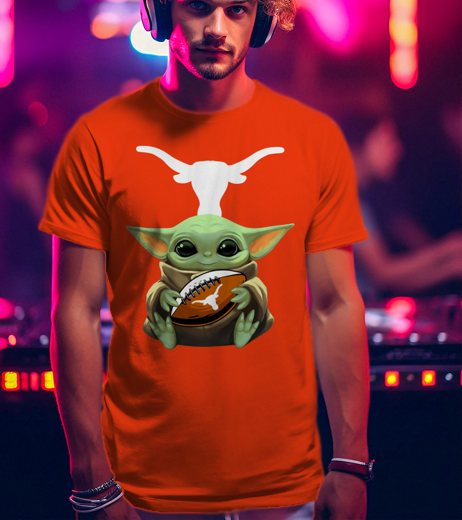 Baby Yoda Longhorns Football Logo Orange Background T-Shirt