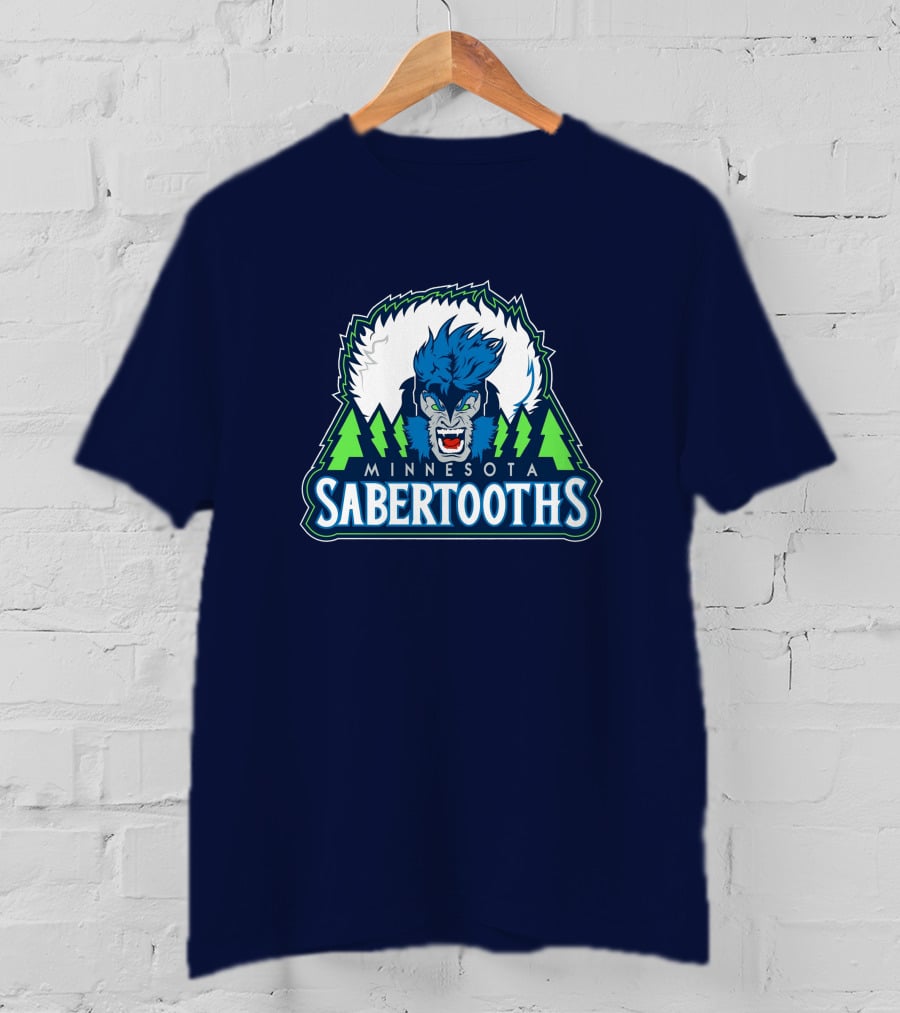 Minnesota Sabertooths NBA Logo With Blue Sabertooth And Green Pine Trees T-Shirt