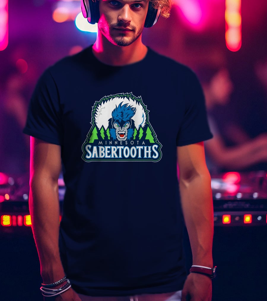 Minnesota Sabertooths NBA Logo With Blue Sabertooth And Green Pine Trees T-Shirt