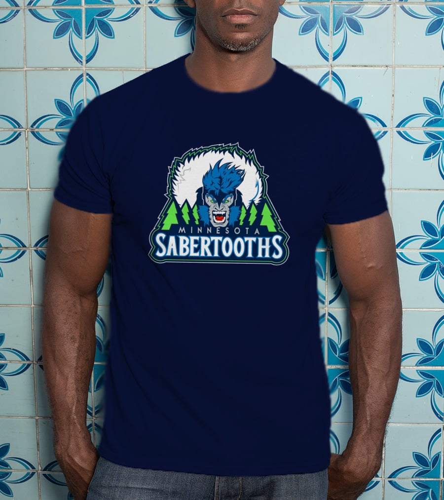 Minnesota Sabertooths NBA Logo With Blue Sabertooth And Green Pine Trees T-Shirt