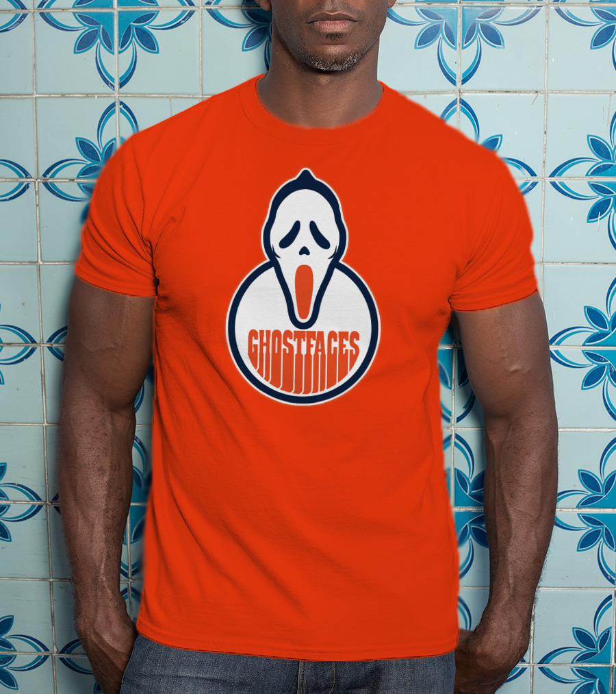 Edmonton Ghostfaces NHL Scream Parody Logo Orange Background T-Shirt