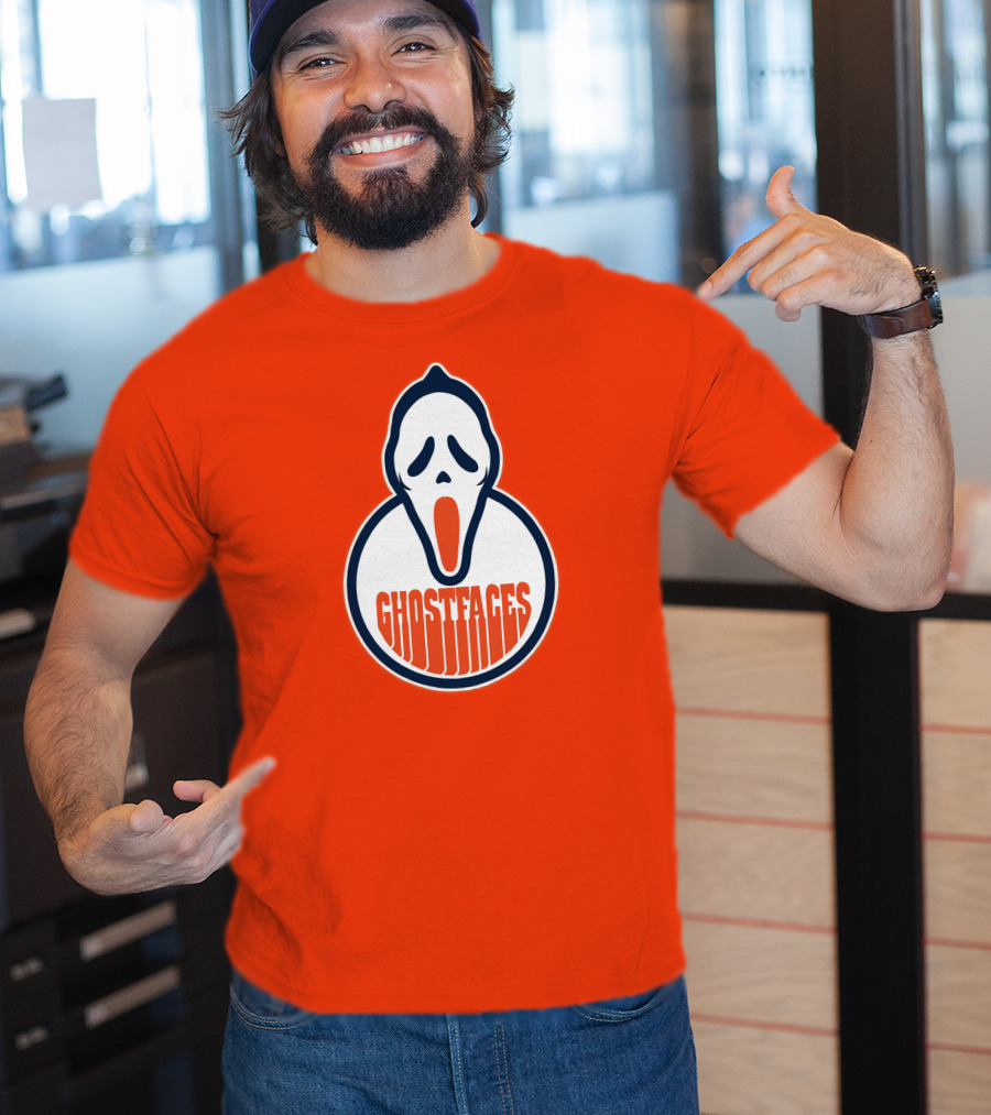 Edmonton Ghostfaces NHL Scream Parody Logo Orange Background T-Shirt