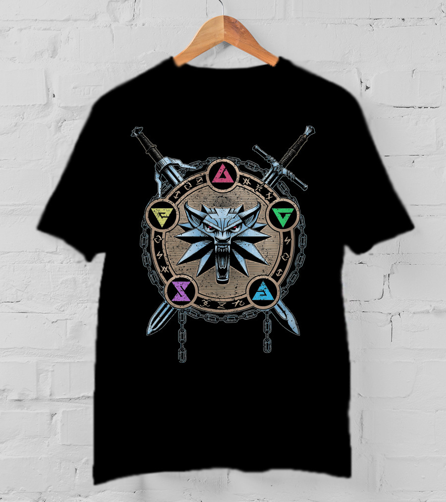 Mark Of Wolf Color Wild Hunt Witcher Medallion And Swords With Elemental Symbols T-Shirt