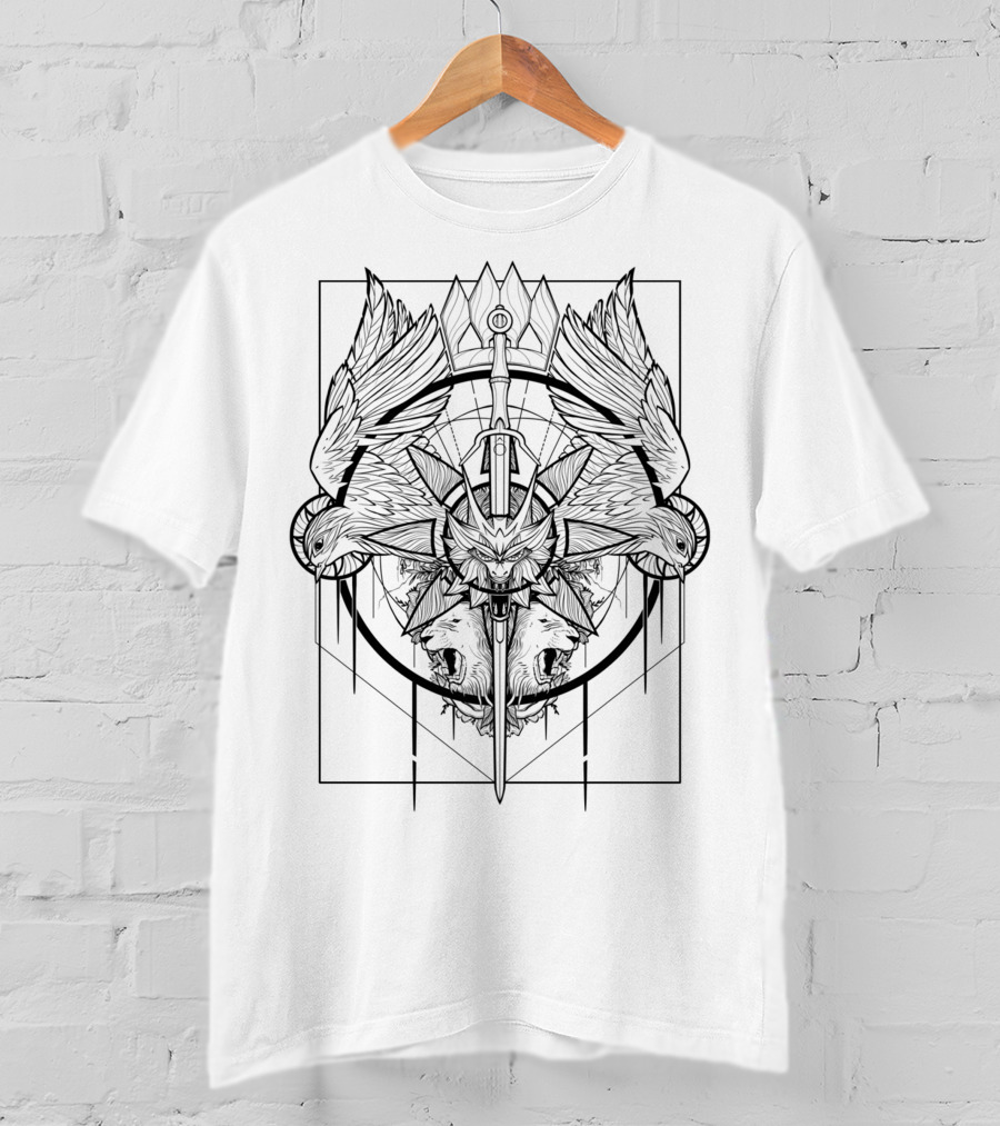 Child Of Destiny Wild Hunt Wolf Sword Medallion Raven Symbols T-Shirt
