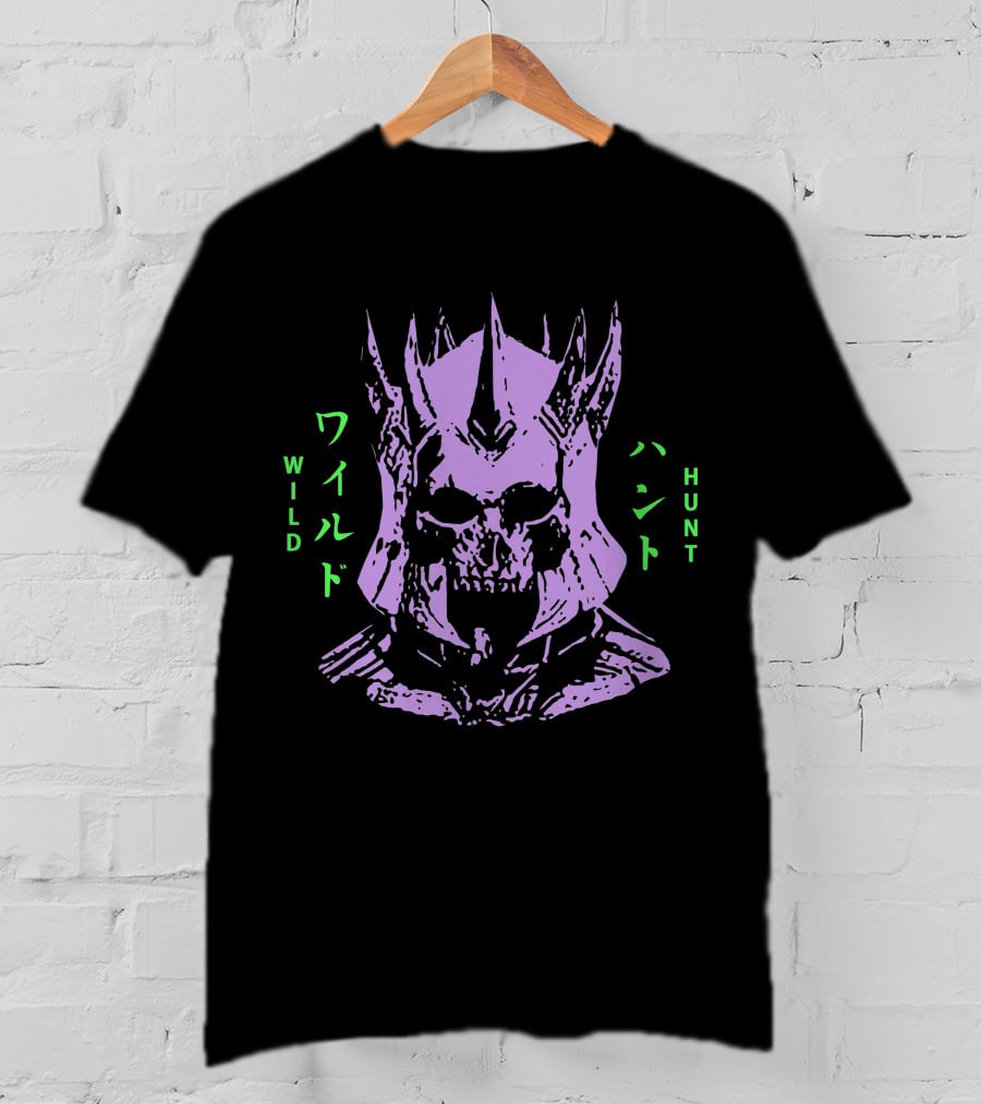 Wild Hunt 3 Skull Helmet Purple Japanese Text T-Shirt