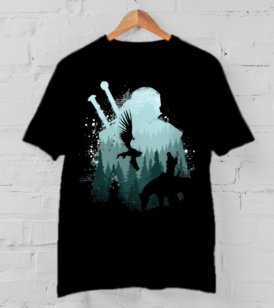 Wild Huntsman Silhouette With Swords Forest And Animals T-Shirt