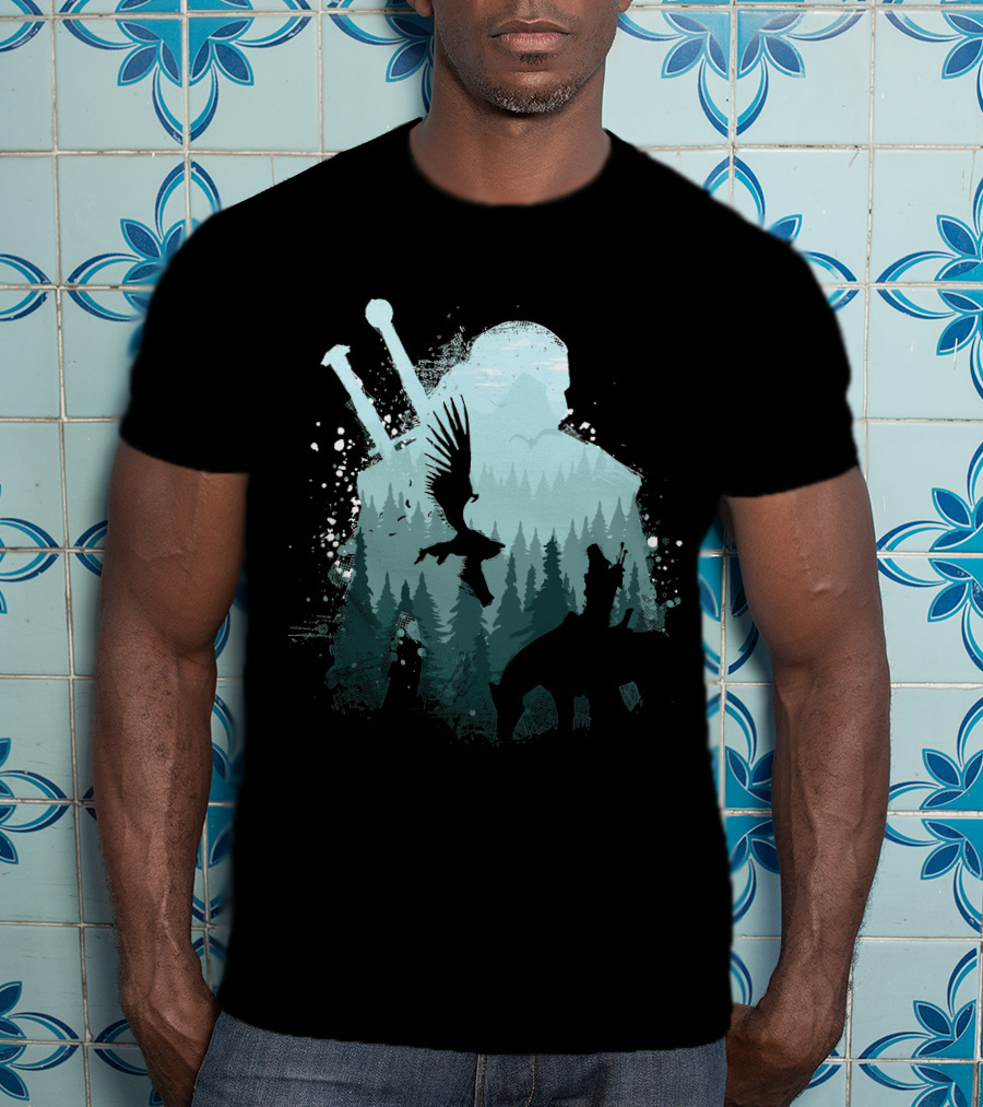 Wild Huntsman Silhouette With Swords Forest And Animals T-Shirt