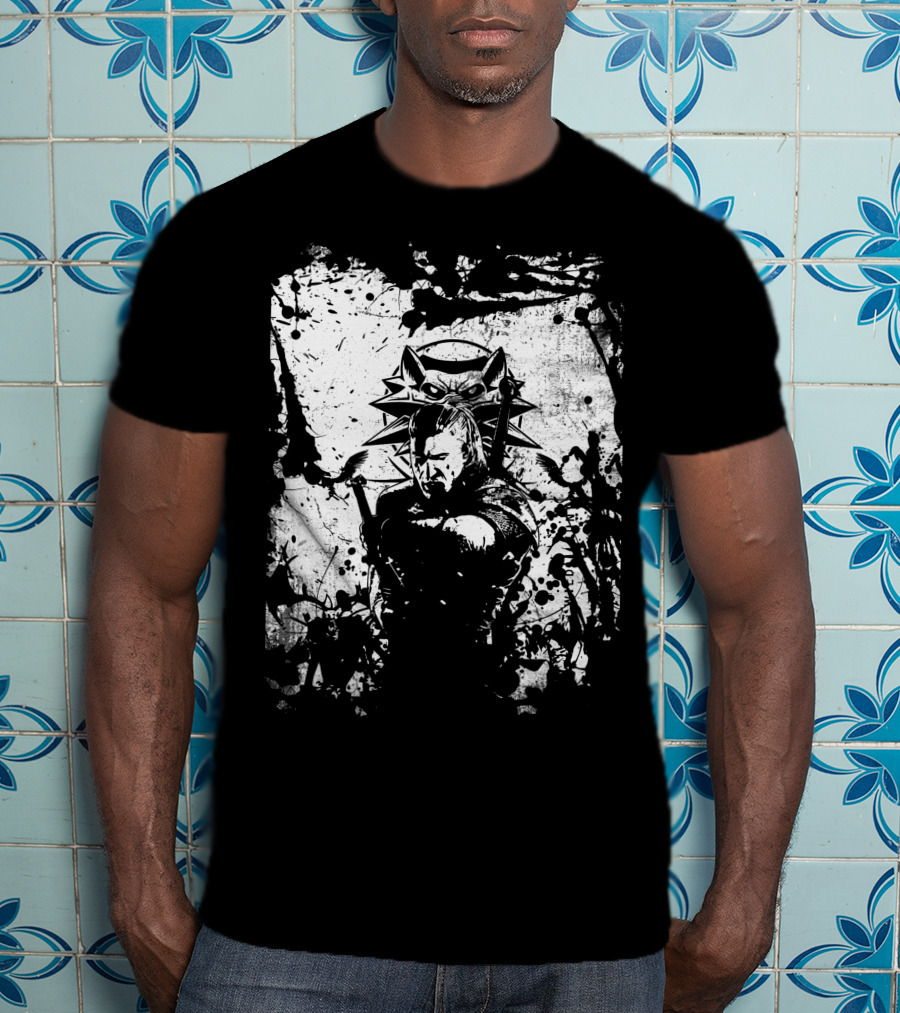 The Witcher 3 Wild Hunt Geralt Wolf School Emblem Splatter T-Shirt