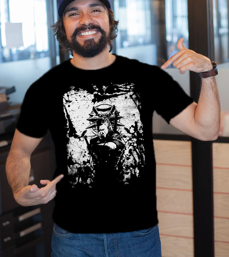The Witcher 3 Wild Hunt Geralt Wolf School Emblem Splatter T-Shirt