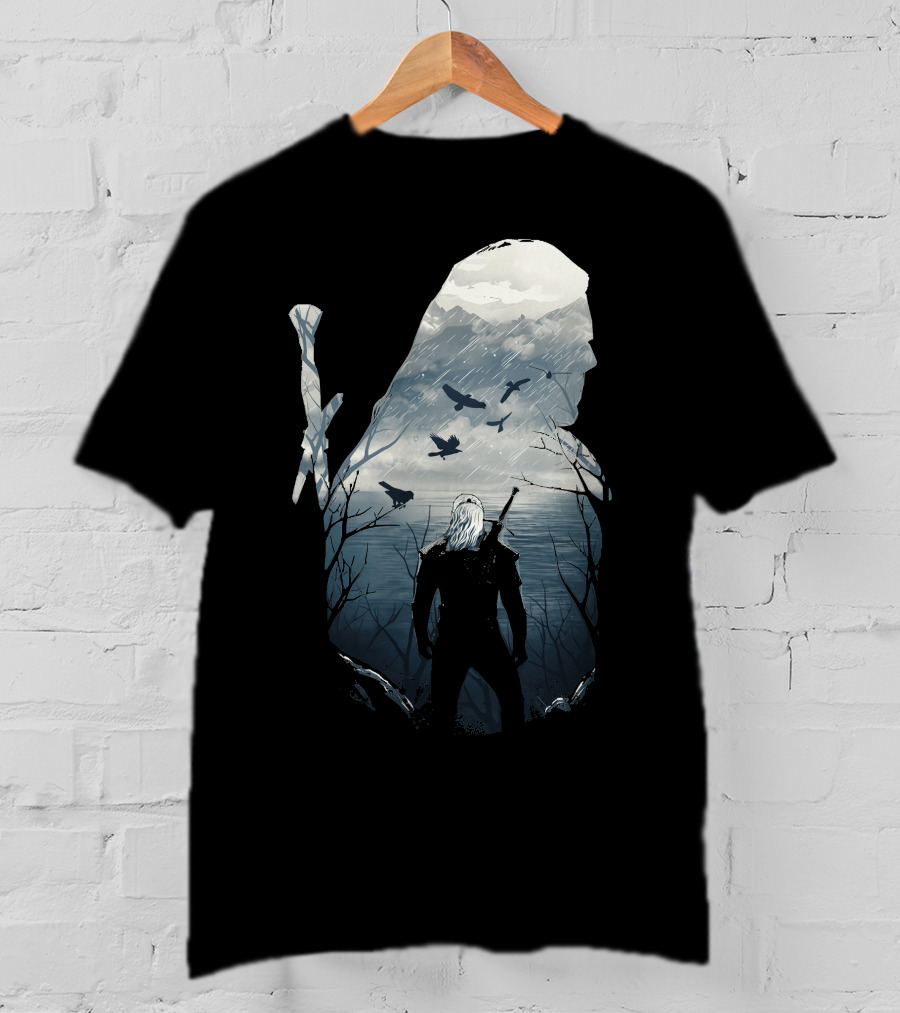 Wild Hunt Forest Geralt Silhouette With Mountains Ravens Sword T-Shirt