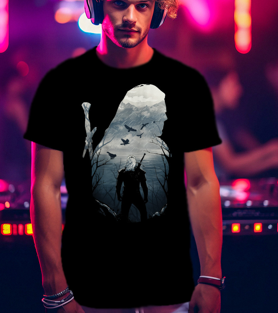 Wild Hunt Forest Geralt Silhouette With Mountains Ravens Sword T-Shirt