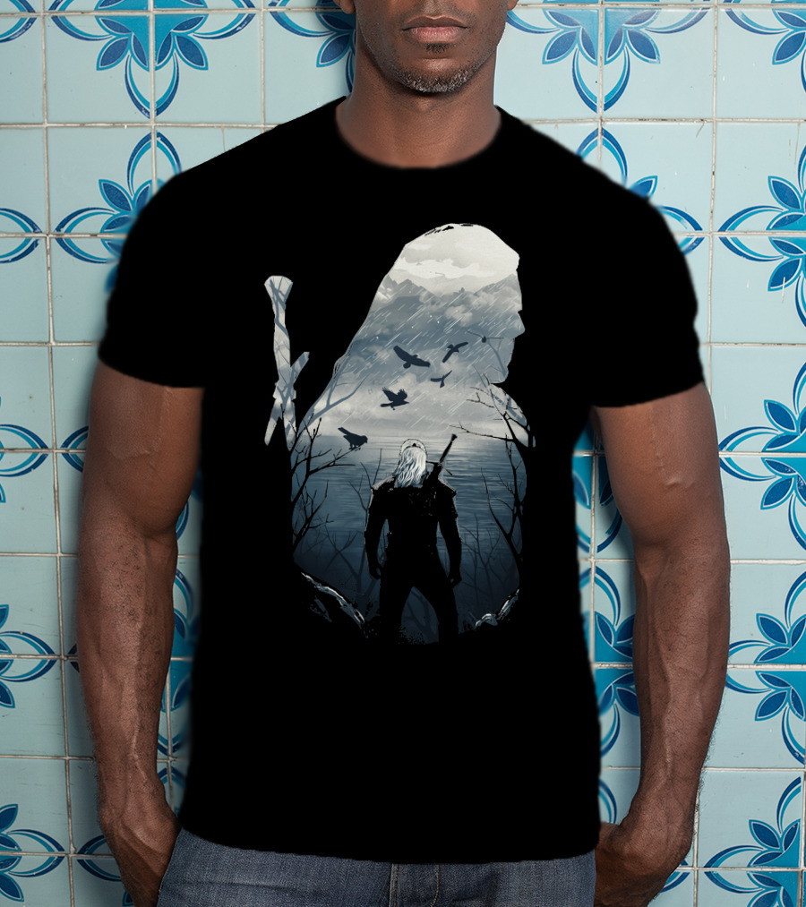 Wild Hunt Forest Geralt Silhouette With Mountains Ravens Sword T-Shirt