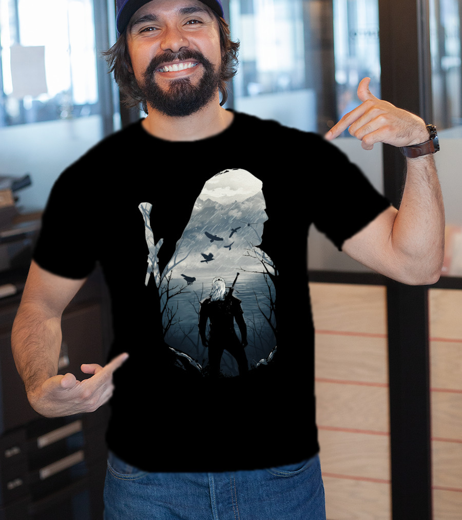 Wild Hunt Forest Geralt Silhouette With Mountains Ravens Sword T-Shirt