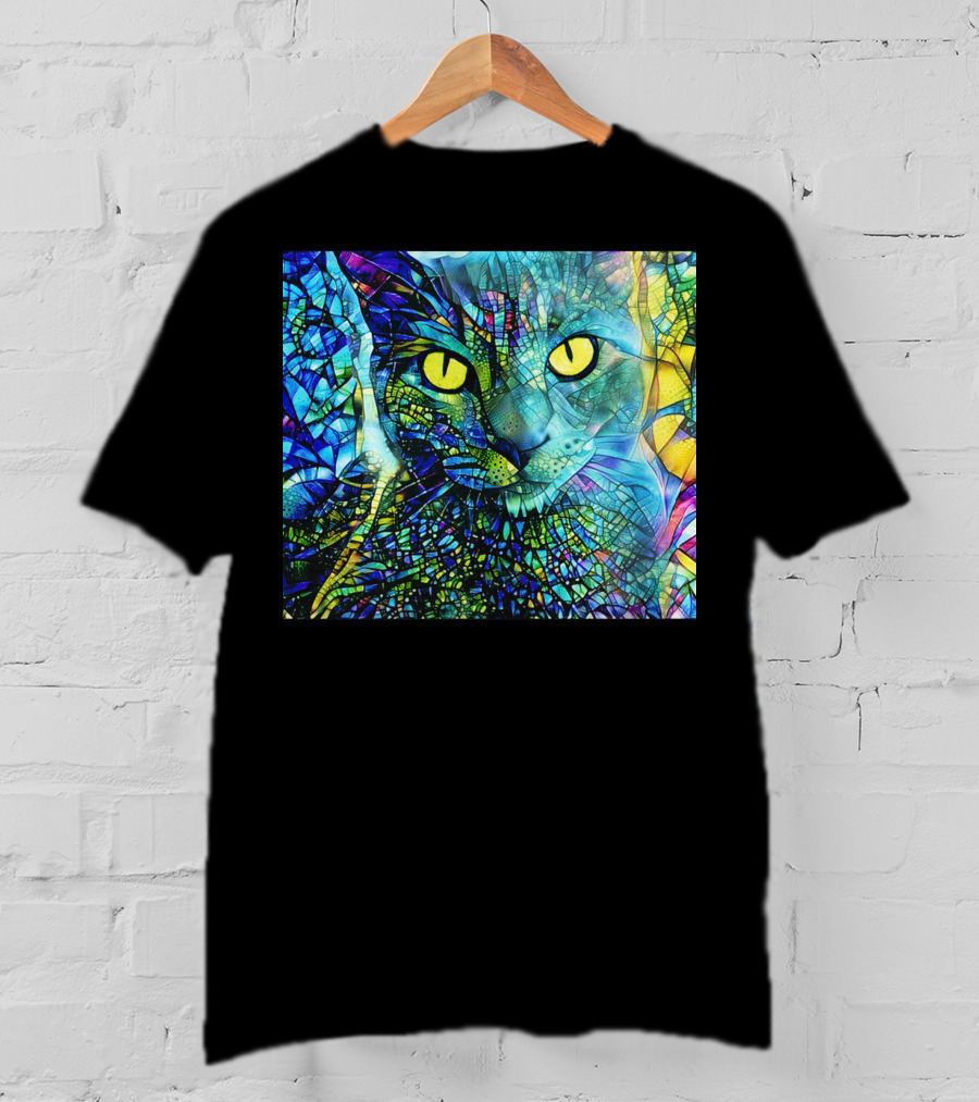 Cochfdhfdhfdh Stained Glass Mosaic Cat With Vibrant Yellow Eyes T-Shirt