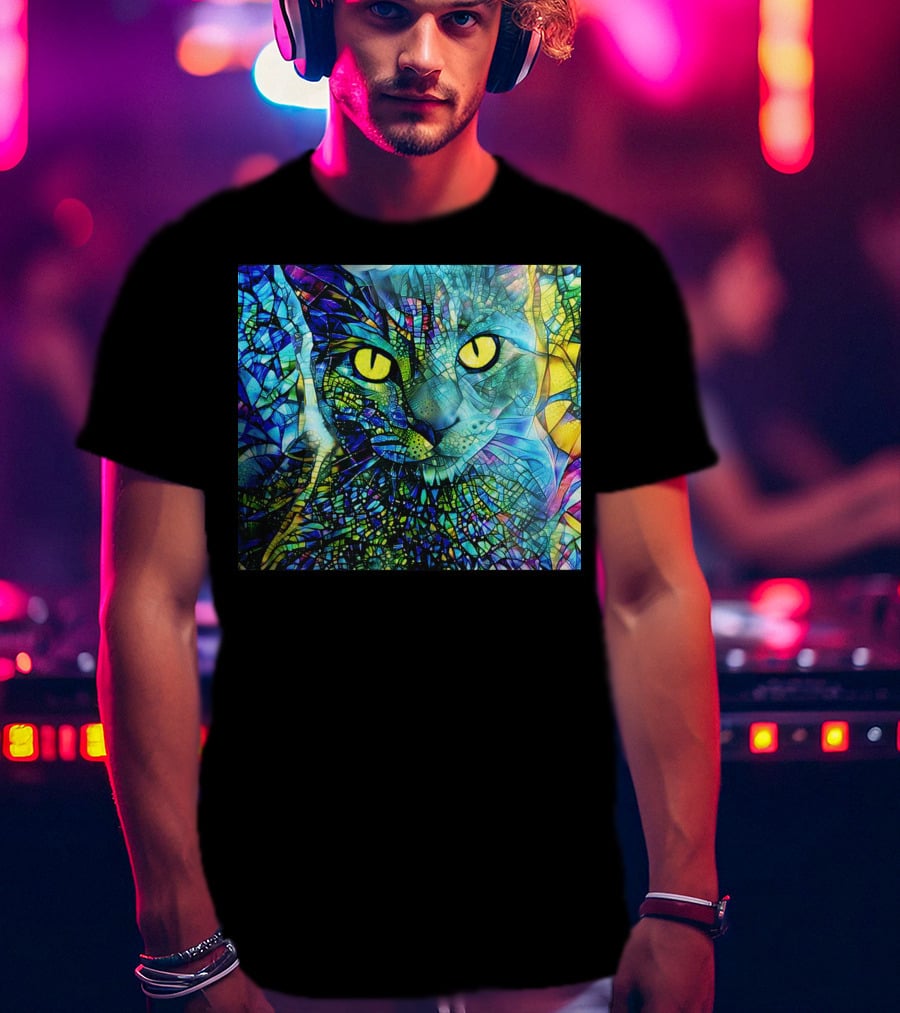 Cochfdhfdhfdh Stained Glass Mosaic Cat With Vibrant Yellow Eyes T-Shirt