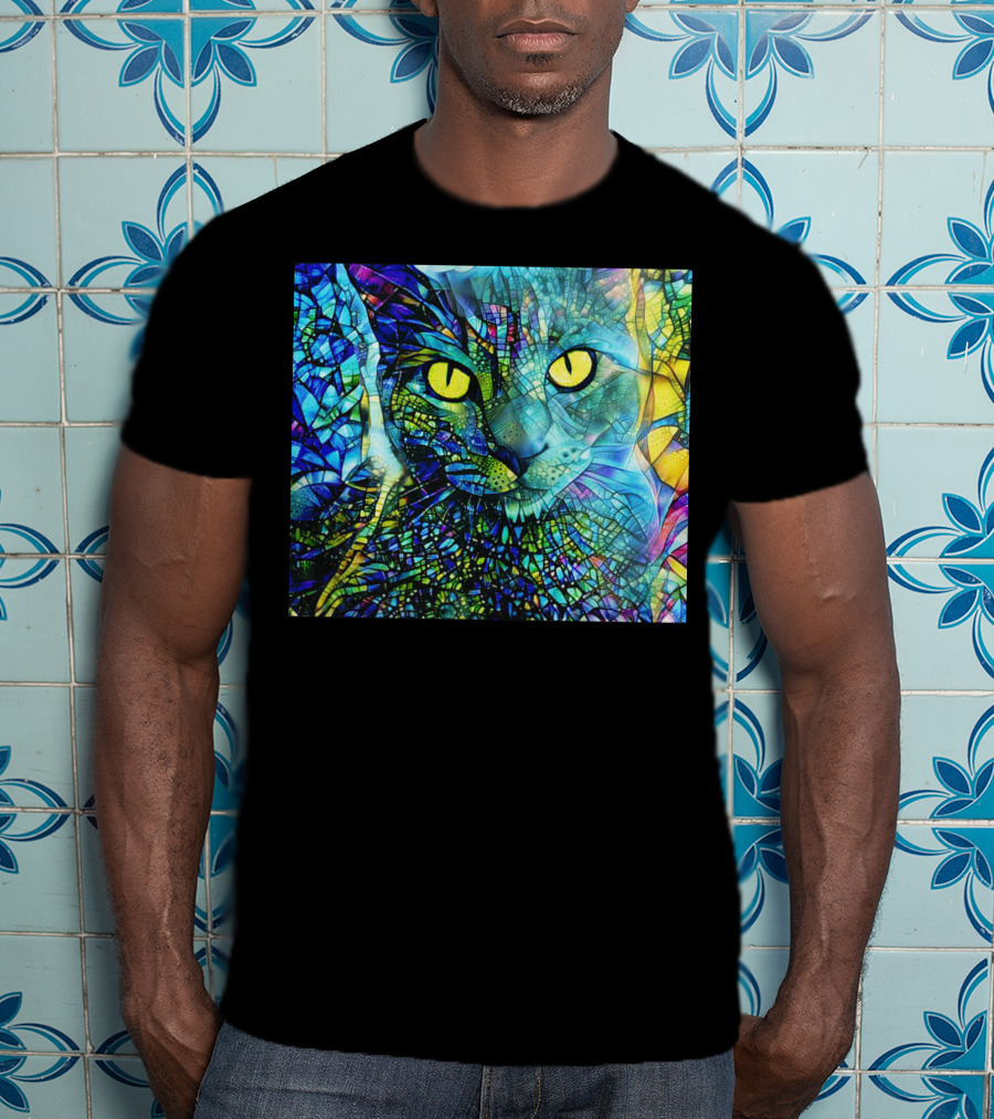 Cochfdhfdhfdh Stained Glass Mosaic Cat With Vibrant Yellow Eyes T-Shirt