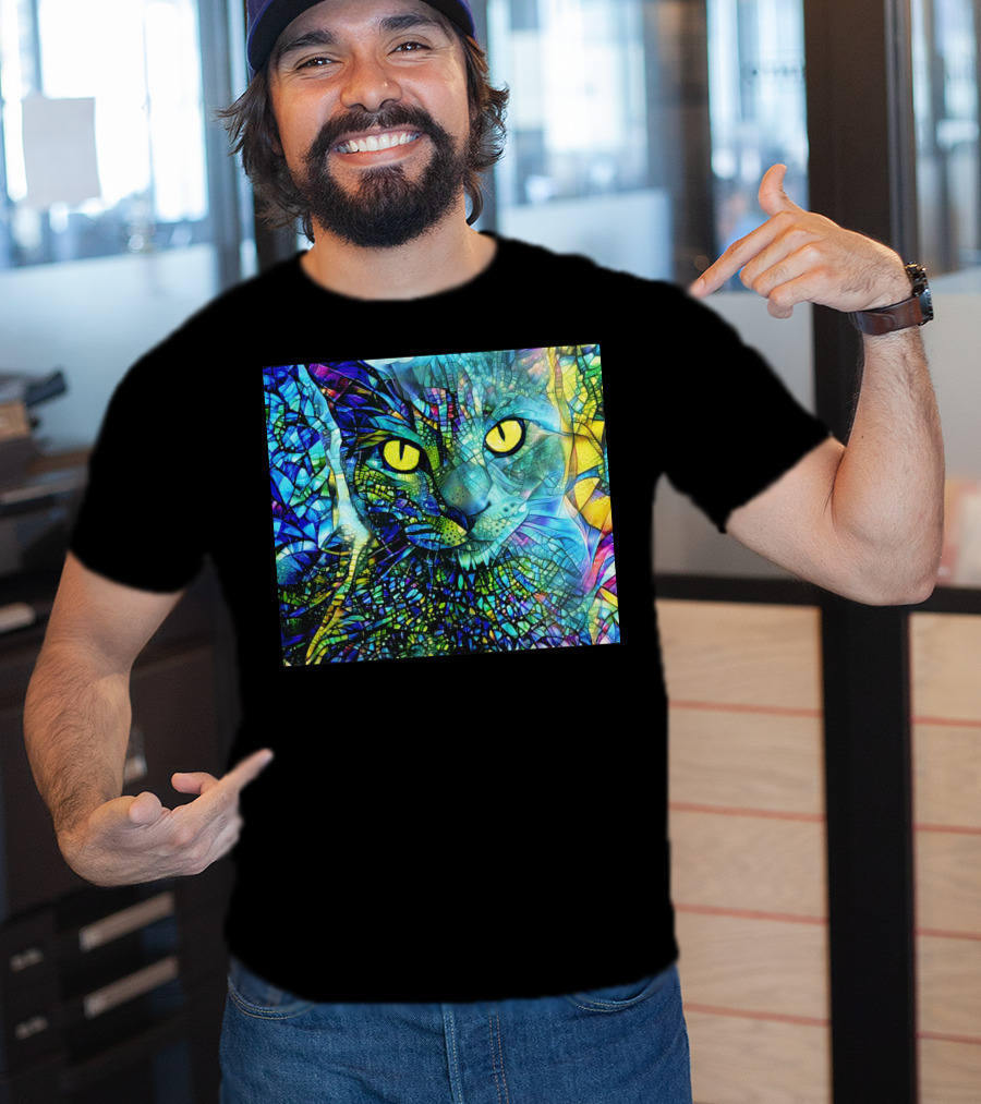 Cochfdhfdhfdh Stained Glass Mosaic Cat With Vibrant Yellow Eyes T-Shirt