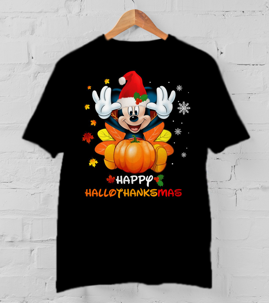 Happy HalloThanksMas Mickey Pumpkin Leaves Snowflakes Santa Hat T-Shirt