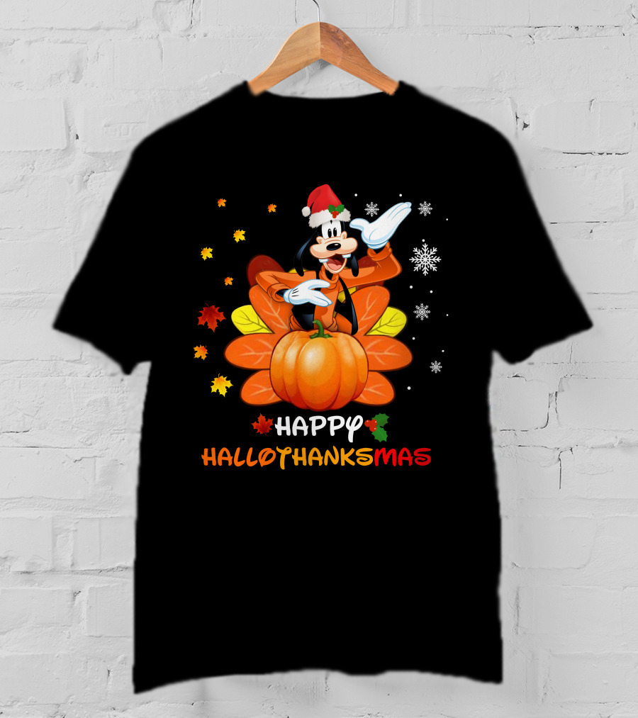 Happy Goofy HalloThanksMas Snowflakes Pumpkin Leaves Santa Hat T-Shirt