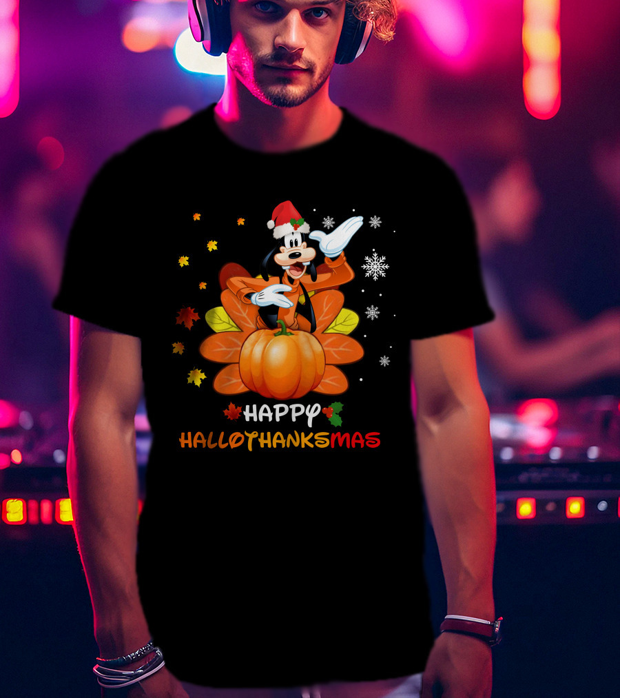 Happy Goofy HalloThanksMas Snowflakes Pumpkin Leaves Santa Hat T-Shirt