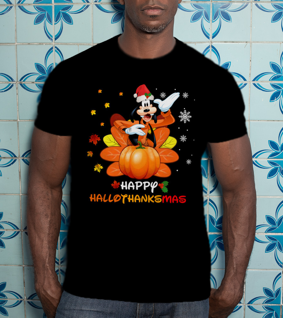 Happy Goofy HalloThanksMas Snowflakes Pumpkin Leaves Santa Hat T-Shirt